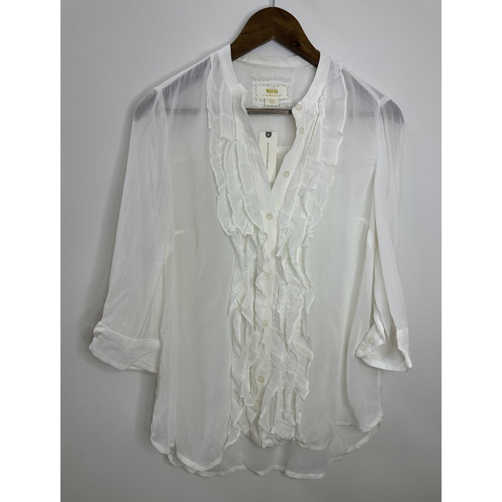 New Maeve Anthropologie Lightweight Ruffle Front Mao Shirt Sheer Button White XS - Picture 2 of 16